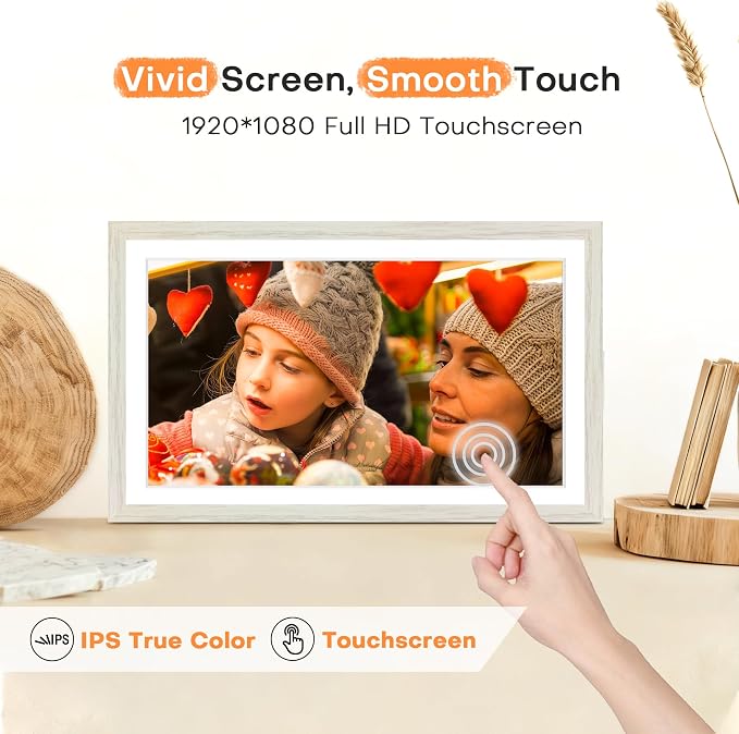 Digital Picture Frame, 15.6 Inch Frameo Digital Frame WiFi, 1920 * 1080 IPS FHD Touchscreen, 32GB, Tabletop&Wall-Mounted, Share Picture Video, Large Electric Photo Frame, Mom Gifts, White Woodgrain