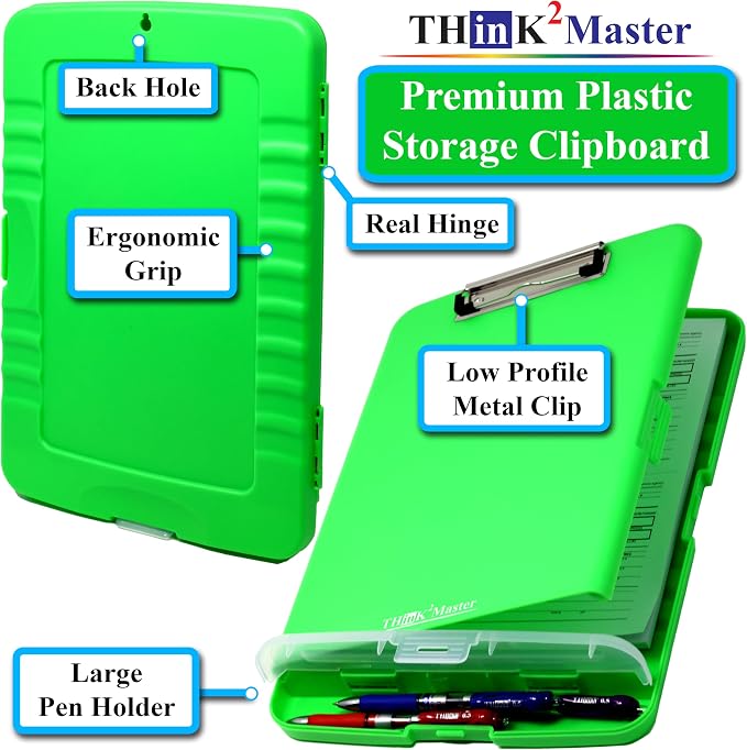 Think2Master Green Plastic Storage Clipboard with Pencil Holder. | 25% Heavier & 25% Sturdier| Heavy Duty. Must Have for Nurses, Teachers & Classrooms.