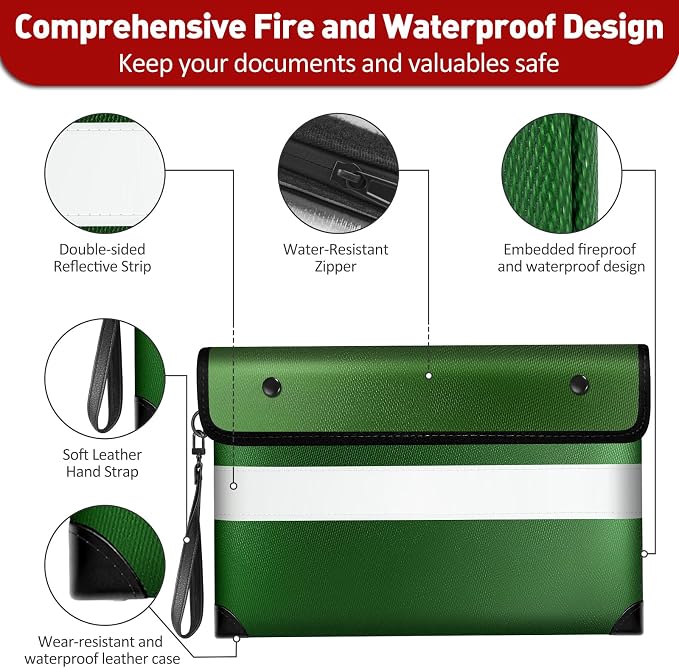 Vailoin 6200°F Fireproof Money Bag, 8 Layers of Heat Insulated Materials | Double-sided Reflective Strip, Waterproof Zipper,Certified to SGS UL94 V-1, for Tablet, Cash, A5-sized documents（Green）