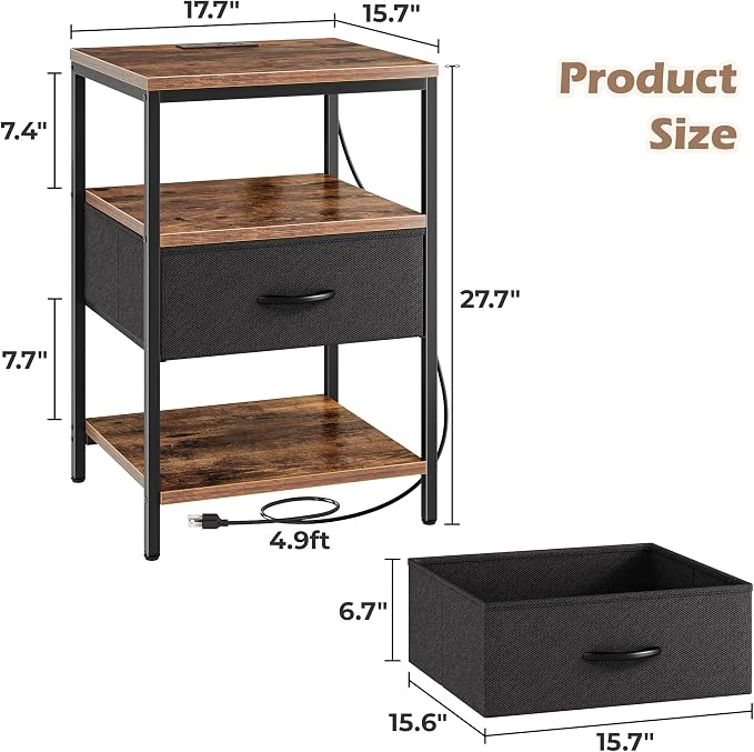 SUPERJARE Nightstand with Charging Station, USB-C Port, Bedside Table | 27.7 Inch Tall Nightstand with Adjustable Fabric Drawer, Large Dresser for Bedroom, Living Room, Rustic Brown & Black