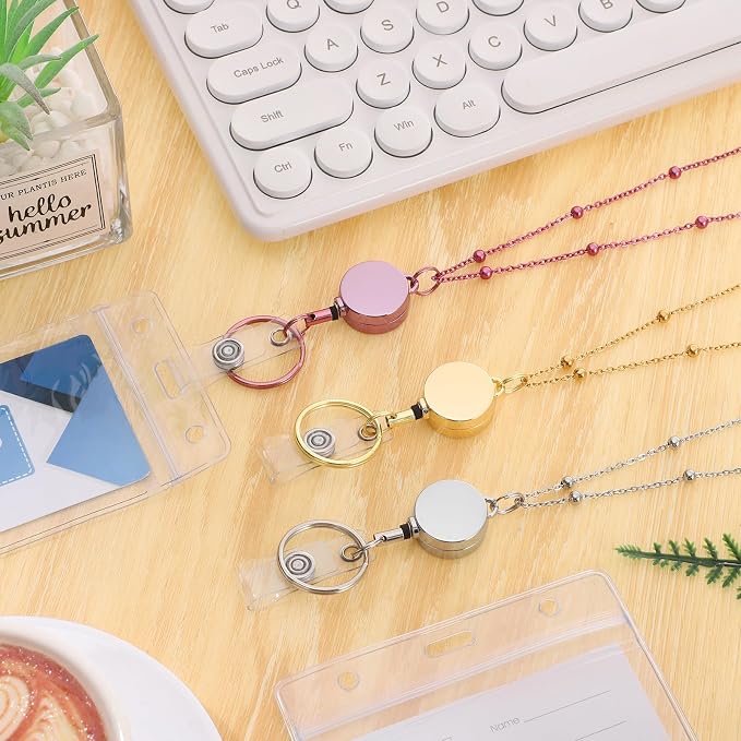 Lanyards for Id Badges 3 Pack Badge Lanyard with 6 Pcs Id Badge Holder Retractable Stainless Steel Teacher Lanyard Cruise Ship Lanyards for Girl Women (Gold, Silver, Pink)