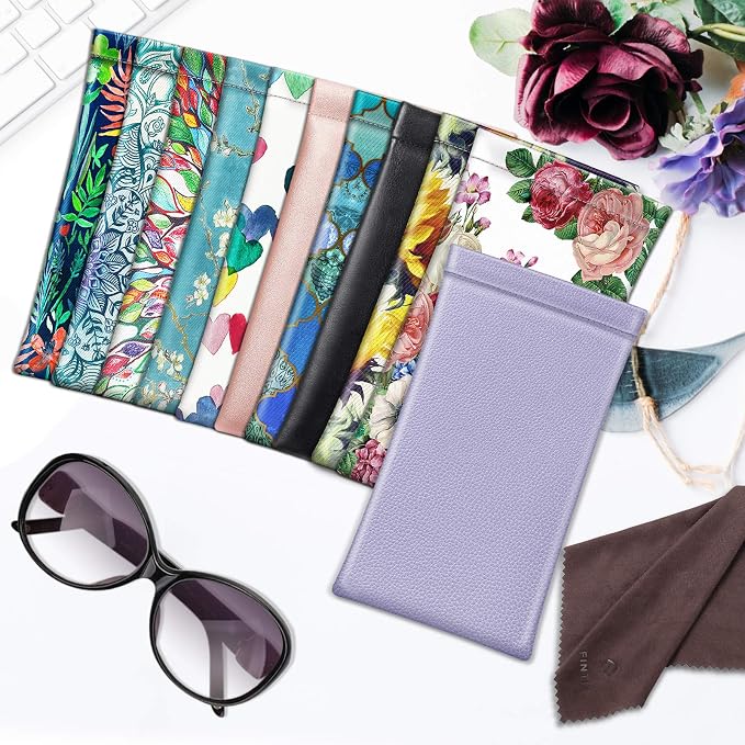 FINTIE Soft Eyeglasses Case with Cleaning Cloth, Portable Squeeze Top Vegan Leather Glasses Pouch, Sunglasses Eyewear Bag