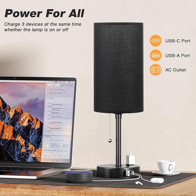 17in Bedside Table Lamp for Bedroom, Desk Lamp with USB Ports for Dorm | 17" Night Stand Lamp, USB A+C Ports, AC Outlet, 3 Color Temperatures, LED Bulb Included, Black Fabric Shade, Matte Black Base