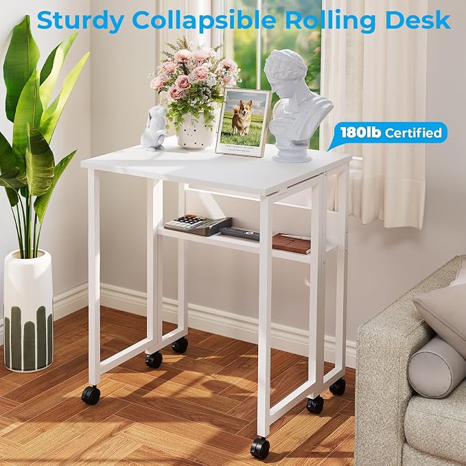 GreenForest Folding Desk with Wheels, 31.5" Rolling Table for Small Spaces | Storage Shelf, Lockable Casters, Compact Portable Workstation, Space-Saving Foldable Sofa Table, Home Office, Mobile, White