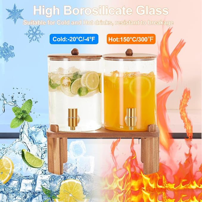 FavorFlavor Glass Drink Dispenser for Party: 2p 1 Gallon Dispenser w/Stand | 4L large capacity-Stainless Steel Spigot-Beverage Container for Lemonade/Juice/Sun Tea-Ideal for Home Gatherings&Party Drink
