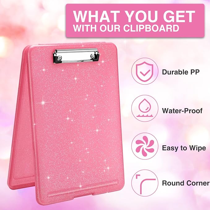 Sooez Glitter Clipboard with Storage, Cute Clip Boards 8.5x11 with Storage, Sparkle Plastic Clipboard Folder for Women, Nurse Accessories Essentials, Office & School Supplies, Letter Size A4, Rose Red | Sturdy Clipboards Foldable, Cute Hanging Clip Boa...