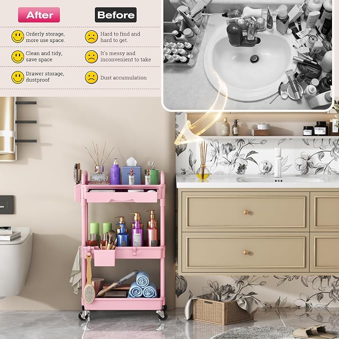 Goovilla Rolling Makeup Organizer Cart with Removable Drawer, 3 Tier Pink | Stable Floor Skincare Storage Cart for Vanity, Cosmetic Display, Nail Polish, Perfume, Hair Stuff, Beauty, Bathroom(Plastic)