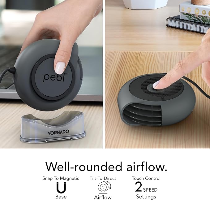 Vornado PEBL Portable USB Desk Fan with Magnetic Base, 2 Speed Settings, Adjustable Airflow, Personal Cooling Device, Mini Travel Fan for Home, Office and Travel