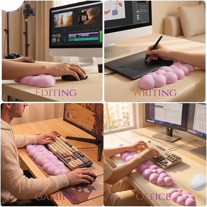 Cloud Wrist Rest Set for Keyboard & Mouse, 16.9", Pink Colorful Star | Memory Foam Arm Rest with Ergonomic Support Fits Full Keyboards and Reduces Typing Fatigue for Office, Gaming and Home Use