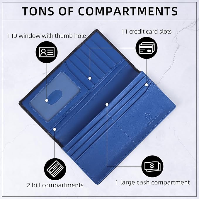 VISOUL Leather Checkbook Cover Wallet for Men with RFID Blocking, Mens Long Bifold Cash Tall Wallet with 11 Credit Card Slots 1 ID Window (Black+Blue)
