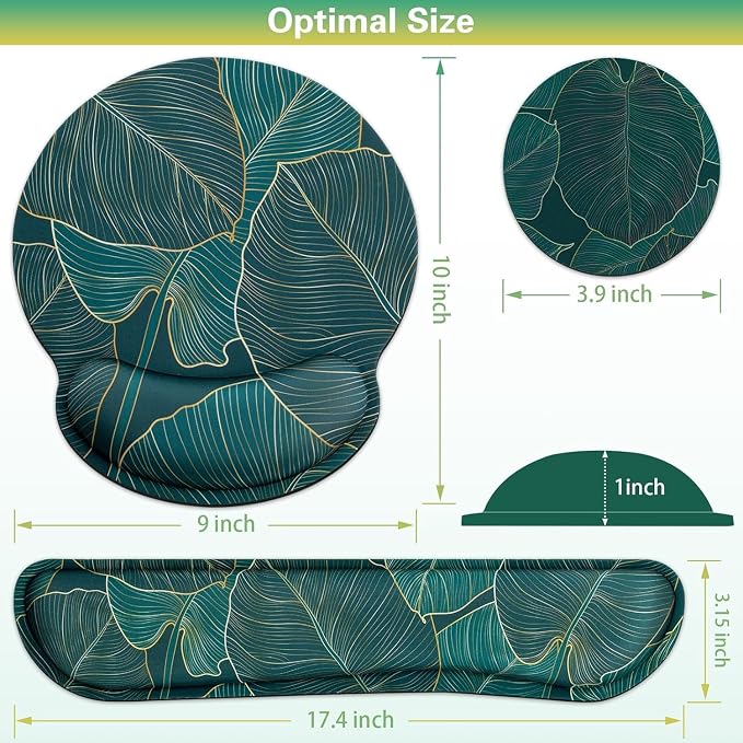 Mouse Pad with Wrist Rest Set, 3-in-1 Wrist Support Mousepad | Gaming Mat Pad with Anti-Skid Base,Ergonomic Mouse Pad Green,Memory Foam Gel Wrist Rest for Computer Keyboard