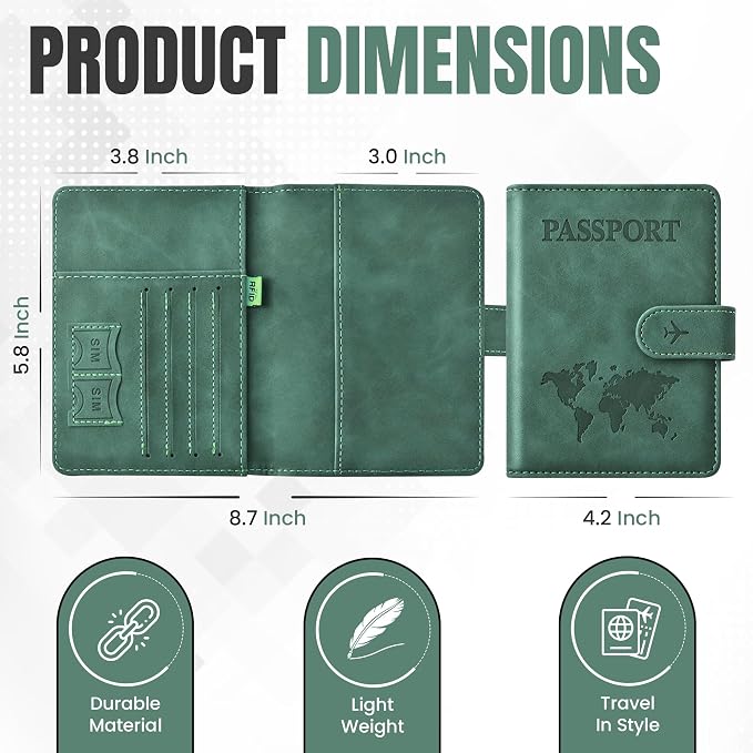 Passport Holder for Travel Essentials, Passport Wallet Cover Case for Travel Must Haves Accessories,Passport Book Holders for Women and Men BLACK (GREEN)