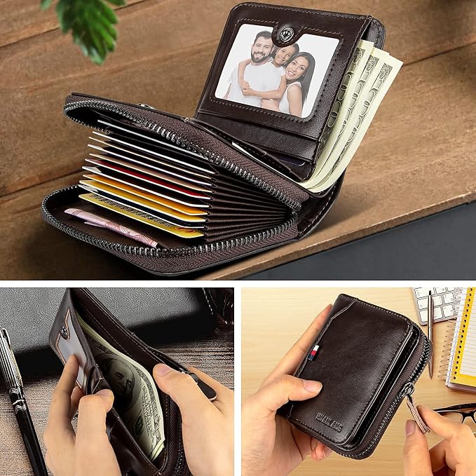 HUANLANG Mens Wallet RFID Blocking Multi Card Holder Wallets for Men Bifold Wallet with Zipper Small Men's Leather Wallet
