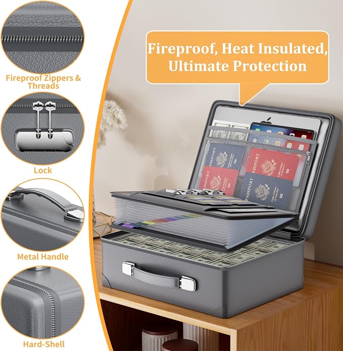DocSafe 6400°F Fireproof Document Box with Lock, 10 Layers Heat Insulated | Fire&Water Resistant,Hard Case Safe Box with Zipper＆Multi Pockets, Protects Personal Items,Documents,Laptop,Passport,Grey