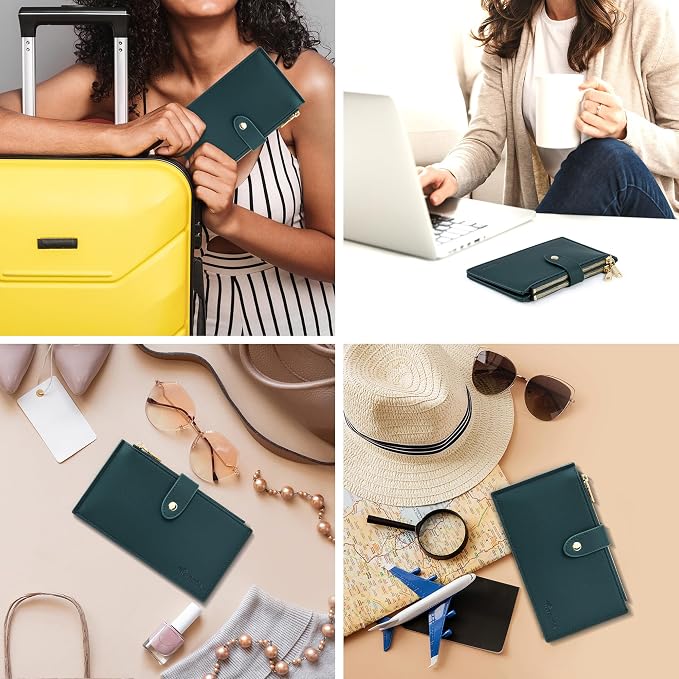 Travelambo Womens Leather Bifold Wallet, Slim RFID Blocking Card Holder | Large Capacity, 16 Card Slots & ID Window, 2 Zipper Pockets, Dual Snap Closure, Slim Lightweight, RFID Privacy Protection