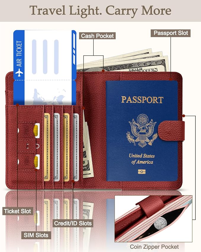 Slohif Airtag Passport Holder Cover Wallet Case for Travel Women - Leather RFID Blocking Passport Book Multiple Personalized Organizer Slim Portable Carrier Card Slots Protector Sleeve Stamp