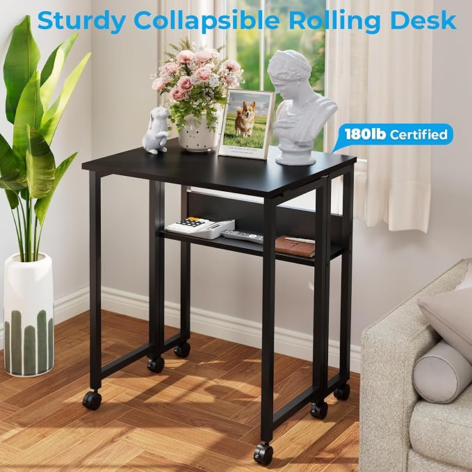 GreenForest Folding Desk with Wheels, 24.8" Rolling Table for Small Spaces | Storage Shelf, Lockable Casters, Compact Portable Workstation, Space-Saving Foldable Sofa Table, Home Office, Mobile, Black