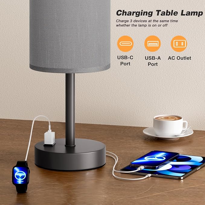 Grey Nightstand Bedroom Lamp - 3 Way Dimmable Bedside Lamp USB C A Charging Ports and AC Outlet, Small Table Lamp Linen Lampshade for Office Desk