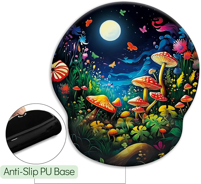 LIMKRIAN Mushroom Ergonomic Mouse Pad with Gel Wrist Rest, 9.8 x 8.6 in | Comfort Wrist Support, Cooling Gel Eases Wrist Pain, Non-Slip PU Base, Smooth Surface, Cute Office Desk Accessories Decor