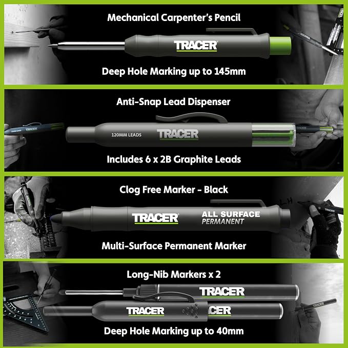 Tracer 5 Piece Construction Marker Kit - Deep Hole Carpenter Pencil Set with 2 Deep Hole Marking Pens, Heavy Duty Clog-Free Marker, 2.8mm Replacement Leads & Storage Case for Woodworking Tools | 5-piece carpenter pencil set with deep hole marking pens,...