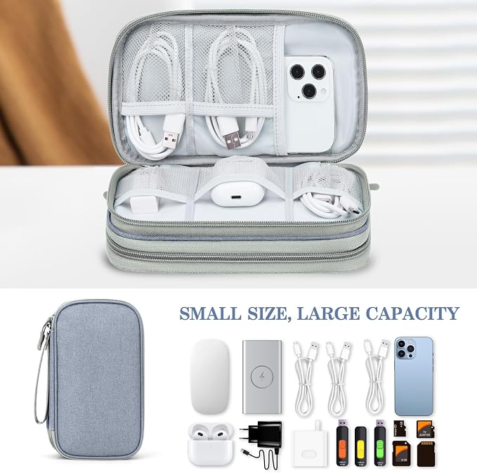 FYY Electronic Organizer, Travel Tech Pouch Bag, Medium, Light Grey | Wrist Strap, Waterproof, Double Layers Portable Electronics Travel Carrying Case for Cord, Charger, Daily Business Trips Use