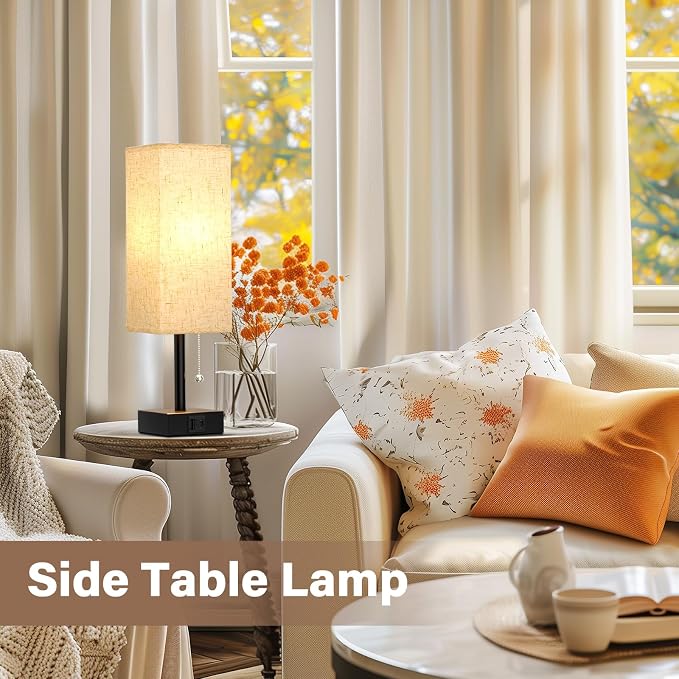 Bedside Lamps for Bedroom Set of 2 - Small Rectangular Nightstand Lamp with USB A C Charging Port, 3 Color Temperatures Desk Light with Bulb, Tabletop Reading Lamp for Living Room/Dorm/Office | USB A+C Ports, 3 Color Temperatures, LED Bulb Included, Pu...