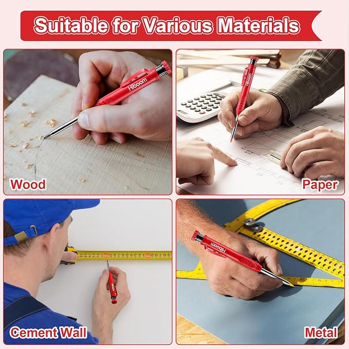Hiboom 4 Pack Carpenter Pencil with 36 Refills Built In Sharpener (Red) | Concrete Wood Metal, Deep Marking, Multi-Color Refills, 2.8mm Lead, Construction Work, Waterproof, Carpenter Builder DIY