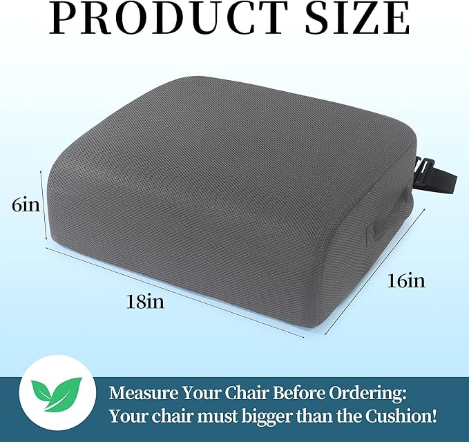 MABOZOO Extra Thick Chair Cushions,Office Chair Booster Seat Cushion to Raise Seat Height for Pain Relief,18 x 16 x 6 inch Non Slip Memory Foam Thick Cushion with Carry Handle（Dark Grey）
