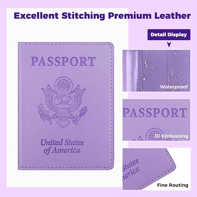 Passport Holder for Travel Men Women - Passport Cover, Passport Wallet Case Travel Essentials Travel Must Haves Accessories Blocking Leather Card Slot Protector for Stocking Stuffers Gifts, Purple