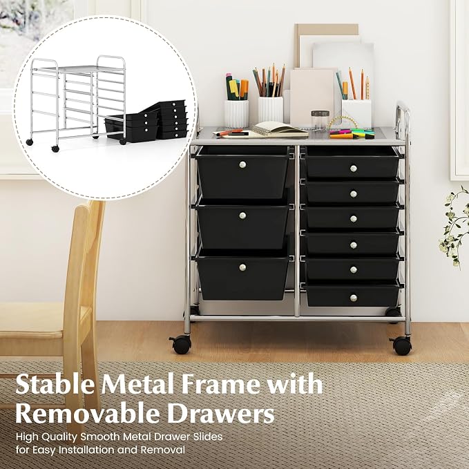 RELAX4LIFE 9 Drawer Rolling Storage Cart - Mobile Drawer Carts for Craft Art Supply Paper Salon, Utility Cart on Wheels for Classroom Teacher School Office, Rolling Cart with Drawers (Black)