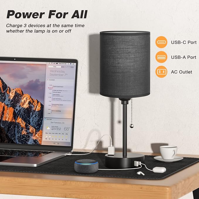 Small Bedside Table Lamp for Bedroom - Desk Lamp with USB Ports for Dorm | USB A+C Ports, AC Outlet, 3 Color Temperatures, LED Bulb Included, 14" Night Stand Lamp