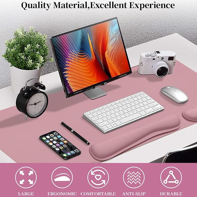 Mouse Pad and Keyboard Wrist Rest, 3-in-1 Keyboard and Mouse Pad | 27.6" x 13.8" Dusty Pink Desk Mat Set,Ergonomic Wrist Rest for Computer Keyboard, Non-slip Base, Waterproof Computer Mat