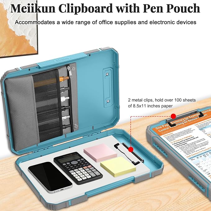 Meiikun Clipboard with Storage, Rugged Shockproof Protective, Internal Pen Pouch & Metal Clip, Heavy Duty Plastic Clip Boards 8.5x11, High Capacity Contractor Folder for School Office (Light Blue)
