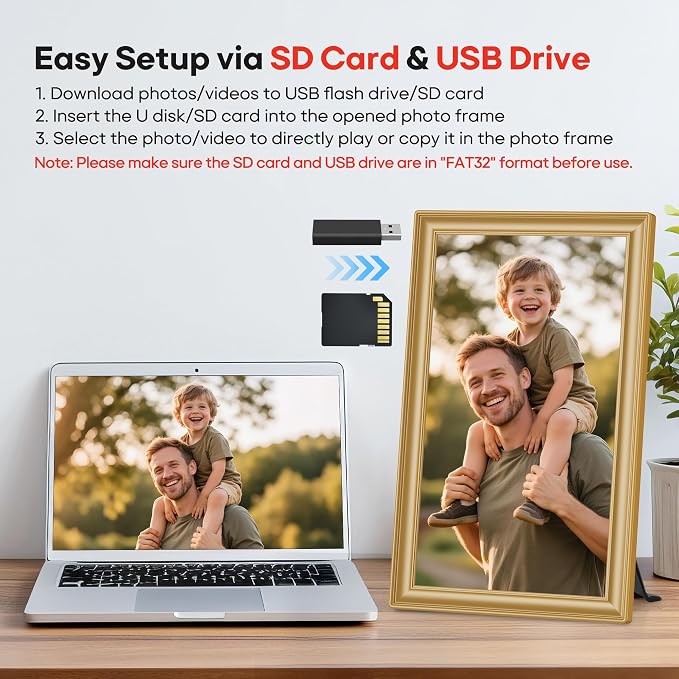 64GB 15.6" Frameo Digital Picture Frame WiFi, Large Electronic Photo Frames Golden 1920 x 1080 IPS FHD Touch Screen, Send Photos from Your Phone from Anywhere, Best Gifts for Family and Friends