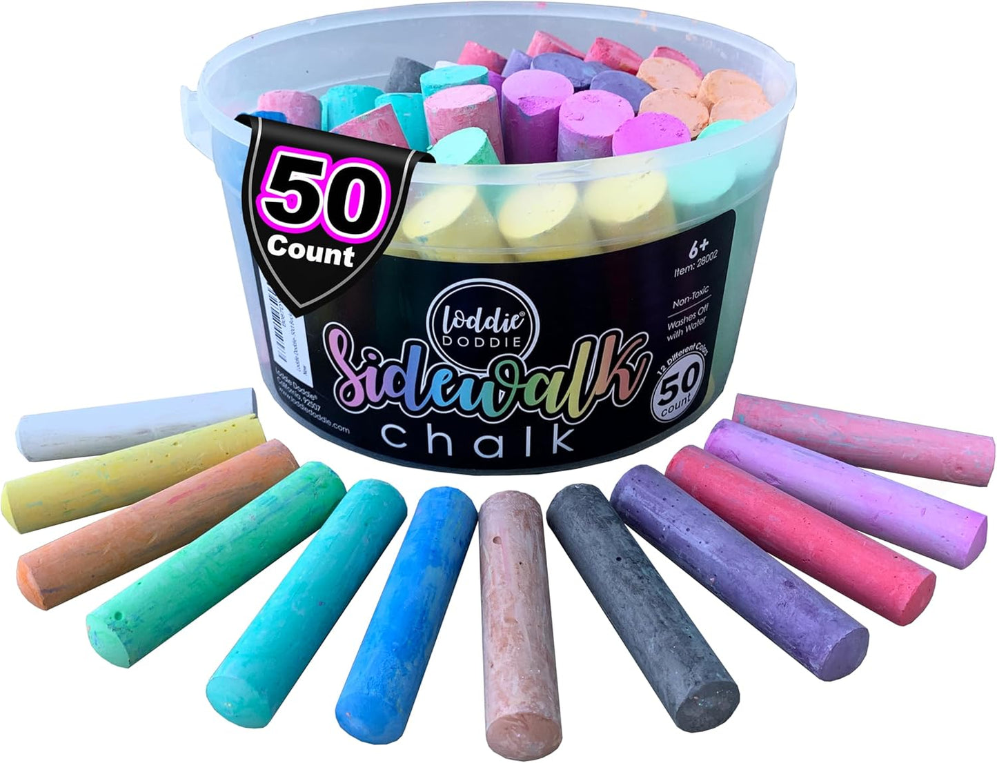 Loddie Doddie Sidewalk Chalk for Kids - 50 Count, 12 Multicolor Jumbo Sticks - Non-Toxic & Washable Bulk Chalk Pack in Reusable Bucket - Easy Grip for Vibrant Outdoor Kids Activities