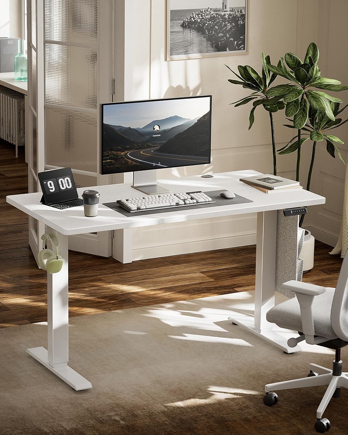 Marsail Standing Office Desk,Adjustable Heights,Stand Up Desk,55x28 Inches Desktop Sit Stand Home Office Gaming Computer Desk with 4 Memory Presets,Headphone Hook,Cable Organizer, White