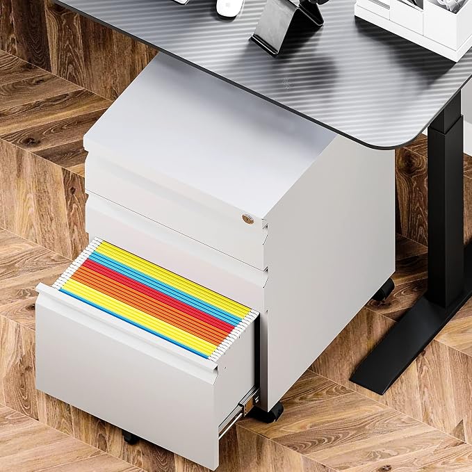 3 Drawer Mobile File Cabinet with Lock, White Under Desk Rolling Filing Cabinet, Metal Locking File Cabinet on Wheels for Legal/Letter/A4 File (Required Assemble)