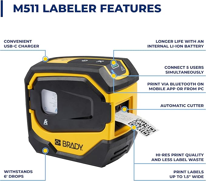 Brady M511 Portable Wireless Industrial Label Printer, Bluetooth Compatible, Li-ion Battery, Military-Grade Shock Resistance, Works with Android and iPhones