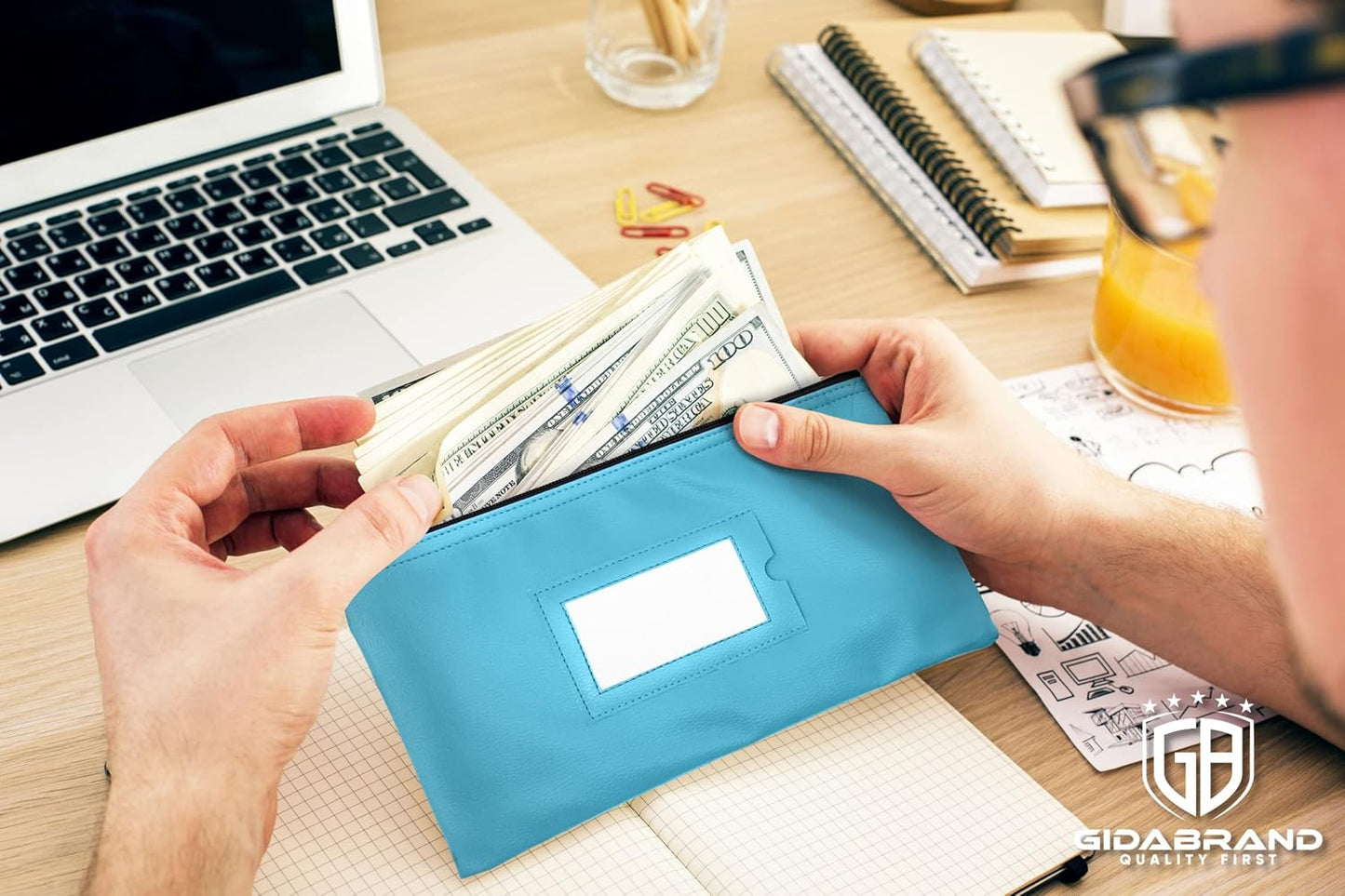Money Bank Deposit Bag with Zipper | 11x6 inch | Light Blue | Durable Leatherette Money Cash Coin Check Wallet Pouch for Men & Women with Framed ID Window and Blank Card | by GIDABRAND (5)