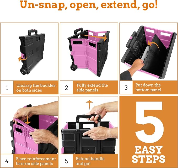 Ultra-Slim Rolling Collapsible Storage Pack-N-Roll Utility-carts, with Telescopic Handle, for Home, Garden, Shopping, Office, School use, Medium, Pink & Black