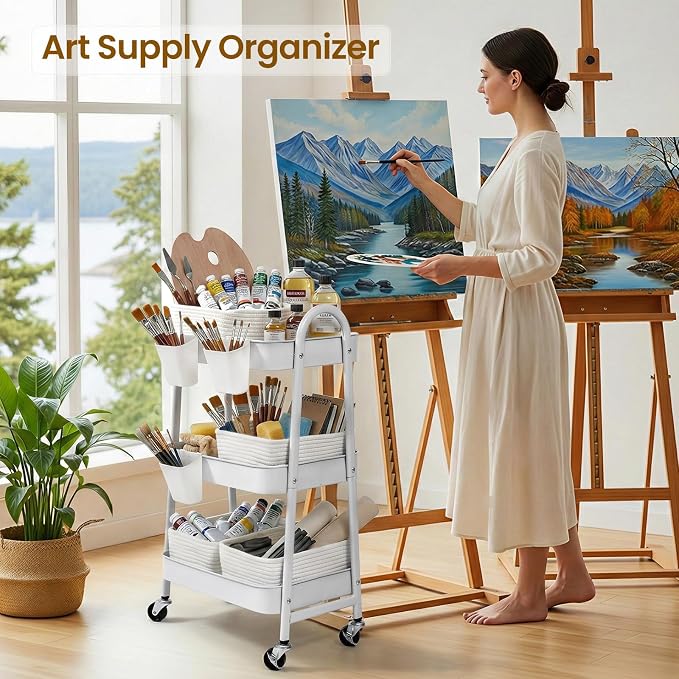 3-Tier Rolling Utility Cart with 4 Woven Baskets, Diaper Book Snack Cart, Storage Organizer for Nursery, Kitchen, Craft Room, Home SPA, Living Room, Metal Frame Trolley on Lockable Wheels, White