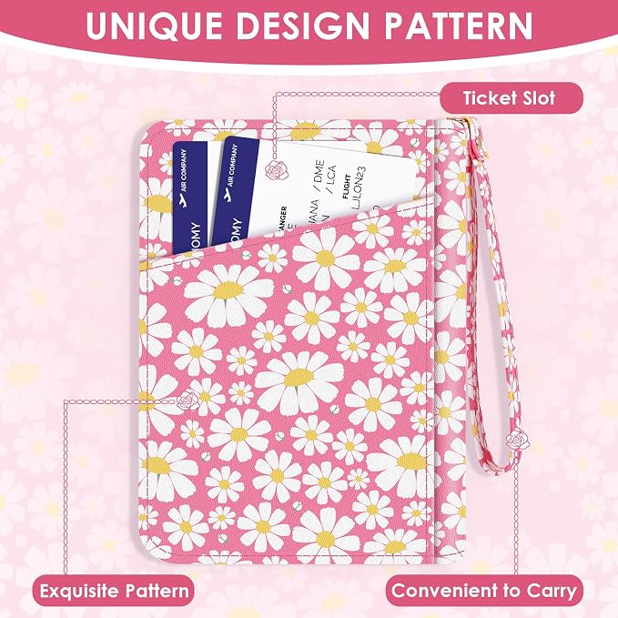 KONVINIT Pink Floral Passport Holder For Travel, Passport Cover For Women | Leather RFID Blocking Passport Holder, Cute Passport Wallet with Zipper Closure, Passport Case for Women and Men