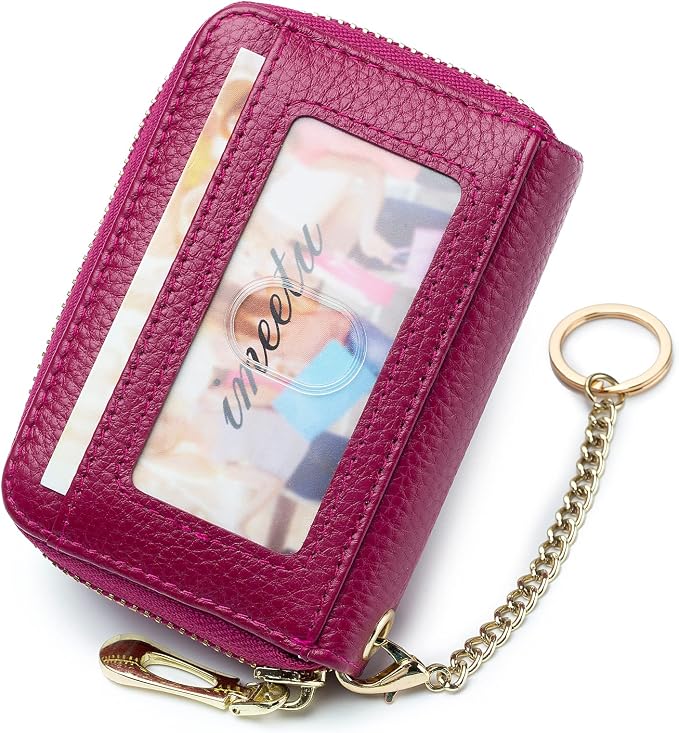 imeetu RFID Credit Card Holder, Small Card Wallet Women, Leather Card Case | Genuine Leather Women's Card & id Cases, Change Coin Purse with Zipper Keychain id Window, 20 Colors & 3 Styles, Daily, Gifts