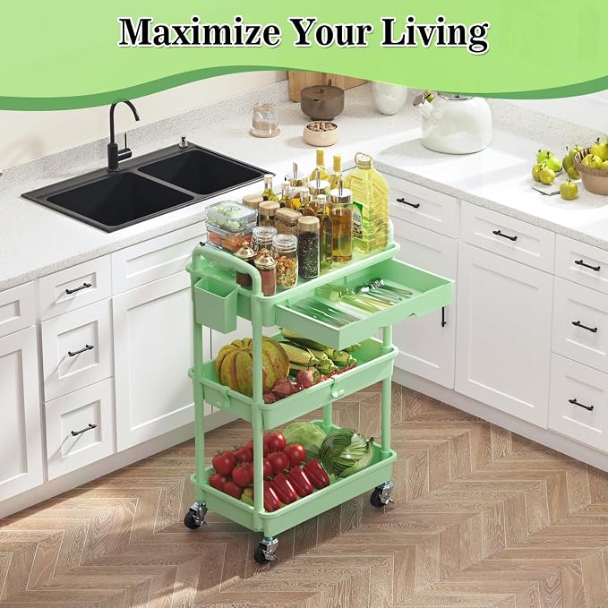 SUNALLY 3 Tier Rolling Cart with Drawer, Craft Storage Cart Organizer,Green | Bathroom Storage Organizer with 2 Lockable Wheels, Rolling Utility Cart for Kitchen, Office, Baby, Makeup, Nail,Snack,Laundry