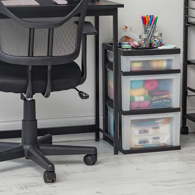 IRIS USA 3-Drawer Storage Cart, Black/Pearl | Keep classroom supplies, teacher essentials, craft materials, and learning tools organized with easy-access drawers.