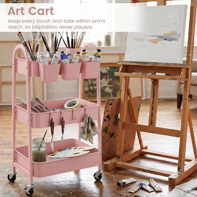 3-Tier Rolling Cart, Utility Cart Mobile Metal Rolling Storage Cart with Lockable Wheels & Hanging Cups & Hooks for Kitchen, Bathroom, Office, Workshop, Pink