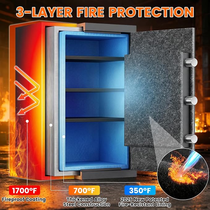 2026 35-Min 1700°F Fireproof Safe, 23.7" Tall 43Lbs Safe Box for Document | with Alarm System, LED Light, Wall Mount Fire Safe for Closet Bedroom, Safes for Home Use Fire Waterproof