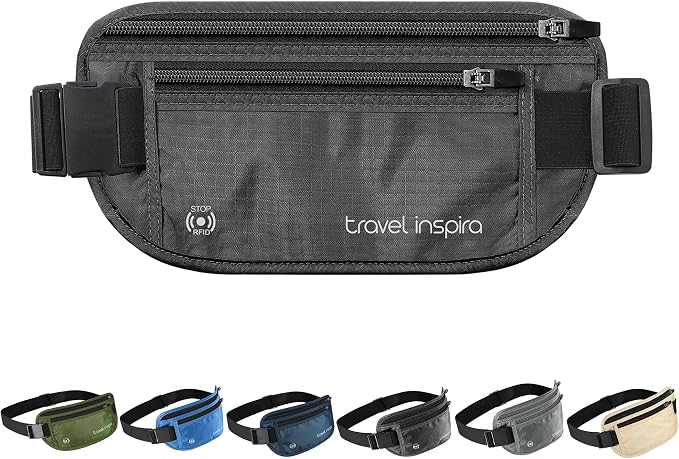 travel inspira RFID Hidden Money Belt Slim Anti Theft Travel Wallet | Passport Holder for Travel Concealed under Clothes for Ultimate Protection of Credit Cards, Cash, Passport & Documents, Black
