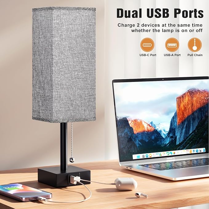 Set of 2 Grey Bedside Table Lamps for Bedroom - Nightstand Lamp, USB C+A | Pull Chain Lamp, 3 Color Modes(3000K/4000K/5000K), E26 LED Bulb Included, Square Grey Fabric Lampshade, for Read, Work, Dorm