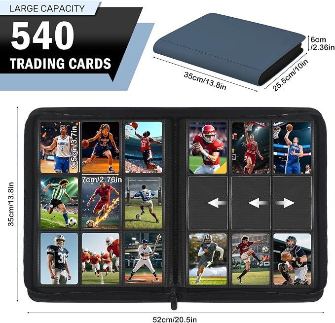 Card Binder 9 Pocket, Premium Zip Trading Card Binder, 540 Double Sided Pocket PU Collection Binder, Side-Loading Collector Album, Card Folder for MTG, TCG, Sports Cards, Navy Blue